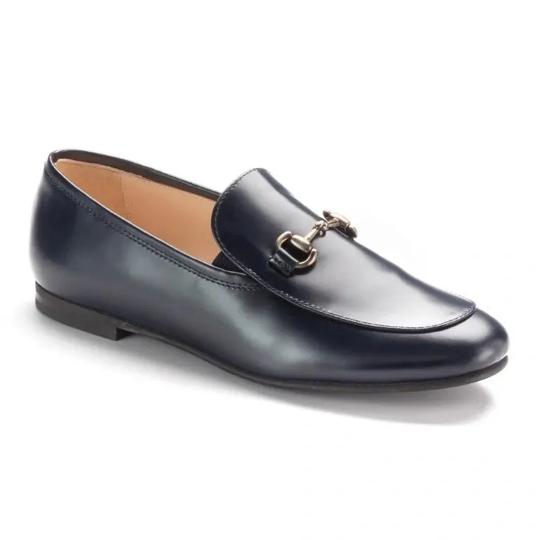 1346n - Navy Polished Leather Flat Loafer for Boy by London Kids