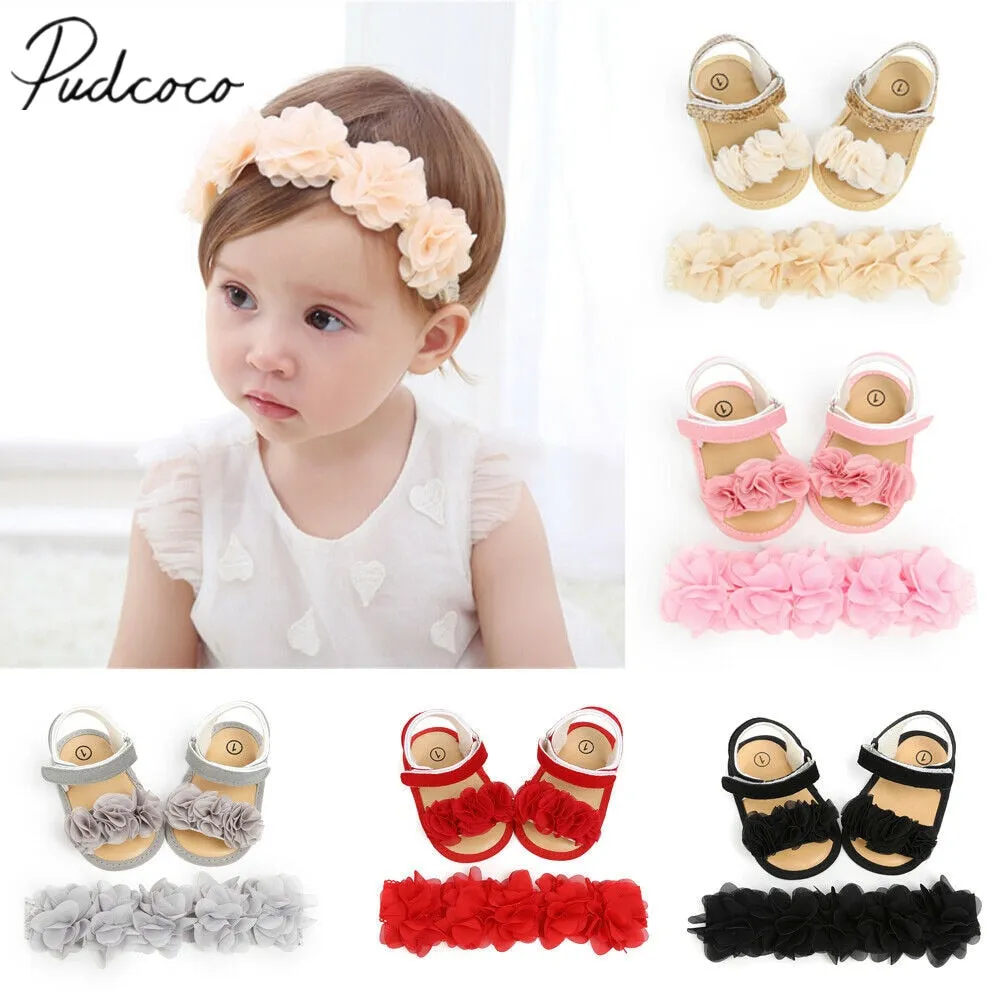 2019 Baby Summer Clothing Newborn Kid Baby Girl Flower Sandals Shoes Soft Sole Hook Casual Summer Shoes  Headband 2Pcs Solid Set