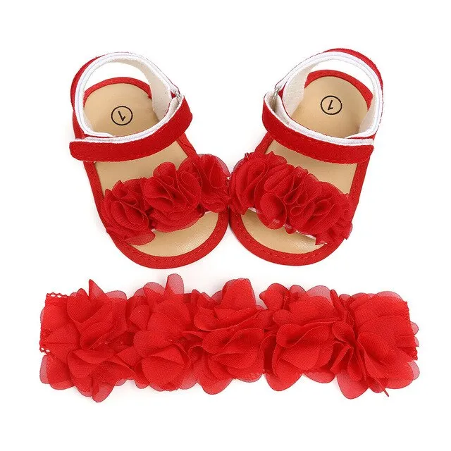 2019 Baby Summer Clothing Newborn Kid Baby Girl Flower Sandals Shoes Soft Sole Hook Casual Summer Shoes  Headband 2Pcs Solid Set