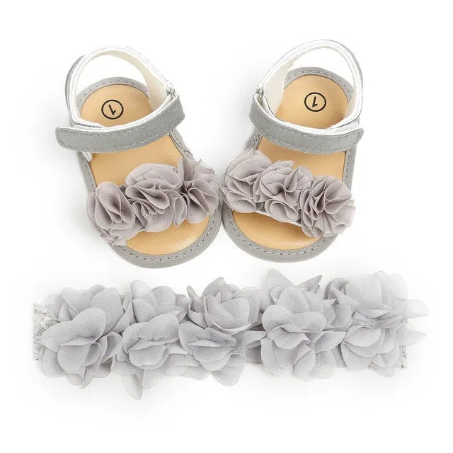 2019 Baby Summer Clothing Newborn Kid Baby Girl Flower Sandals Shoes Soft Sole Hook Casual Summer Shoes  Headband 2Pcs Solid Set