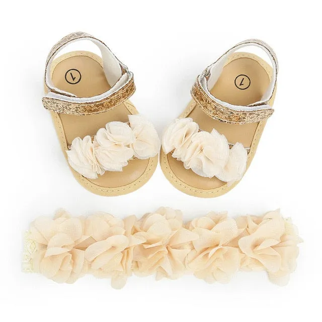 2019 Baby Summer Clothing Newborn Kid Baby Girl Flower Sandals Shoes Soft Sole Hook Casual Summer Shoes  Headband 2Pcs Solid Set