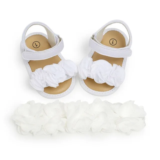 2019 Baby Summer Clothing Newborn Kid Baby Girl Flower Sandals Shoes Soft Sole Hook Casual Summer Shoes  Headband 2Pcs Solid Set