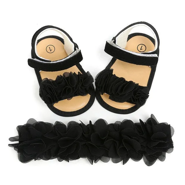 2019 Baby Summer Clothing Newborn Kid Baby Girl Flower Sandals Shoes Soft Sole Hook Casual Summer Shoes  Headband 2Pcs Solid Set