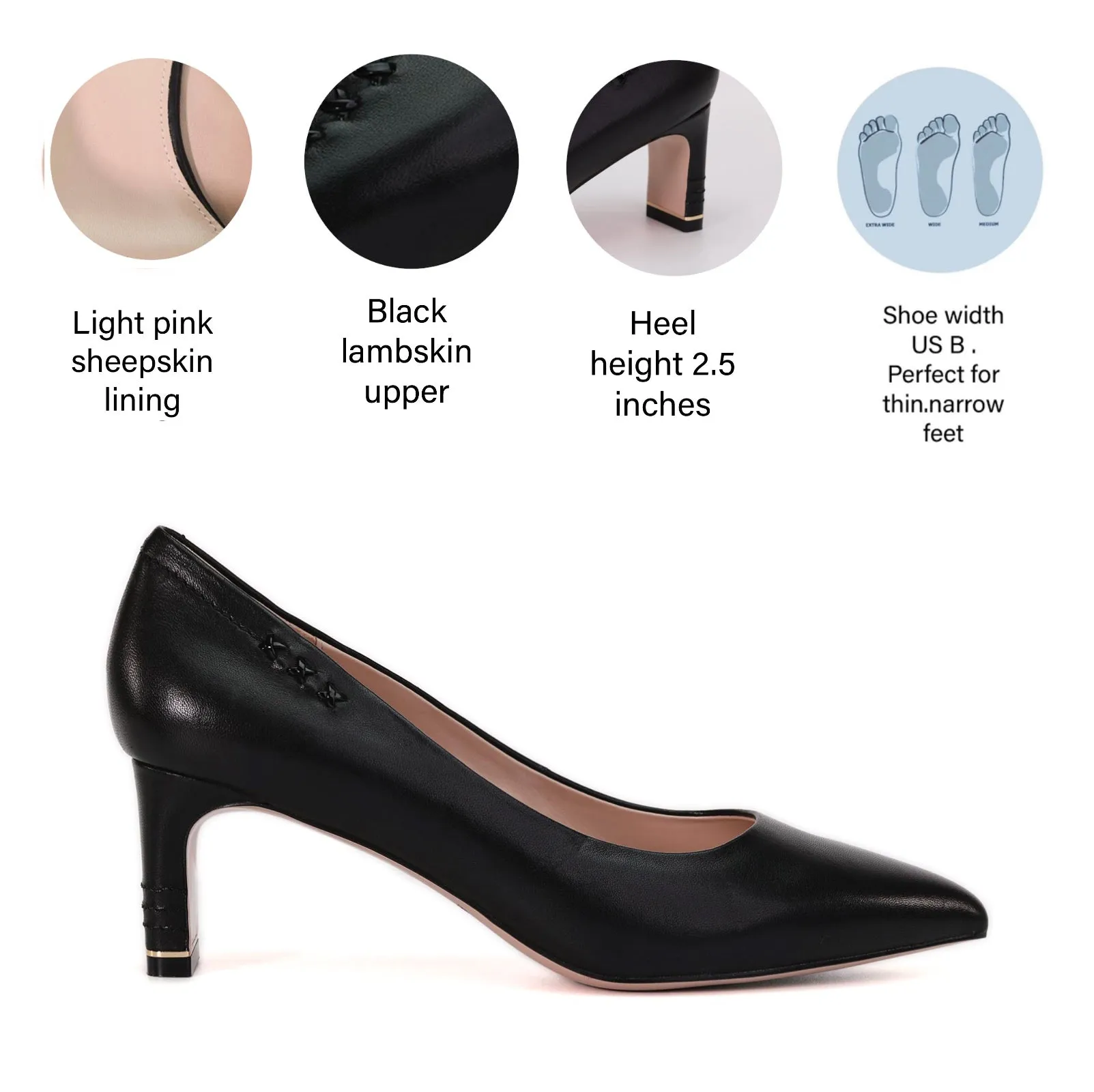 AiciBerllucci  Black Sheepskin Leather& Sheepskin lining-Bella4-Women’s High Heels Leather Pumps- 2.5inch Heels-Office Business Heels- Closed  Pointed  Toe  Comfortabl Heels