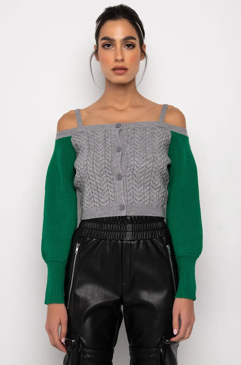 ASPEN OFF THE SHOULDER COLORBLOCK SWEATER