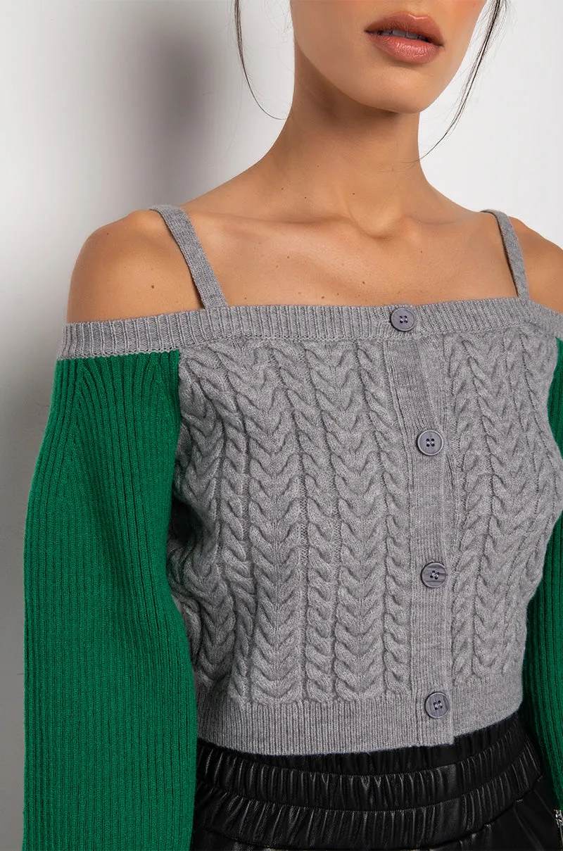 ASPEN OFF THE SHOULDER COLORBLOCK SWEATER