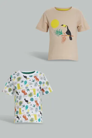 Beige And White Printed T-Shirt For Baby Boys (Pack of 2)