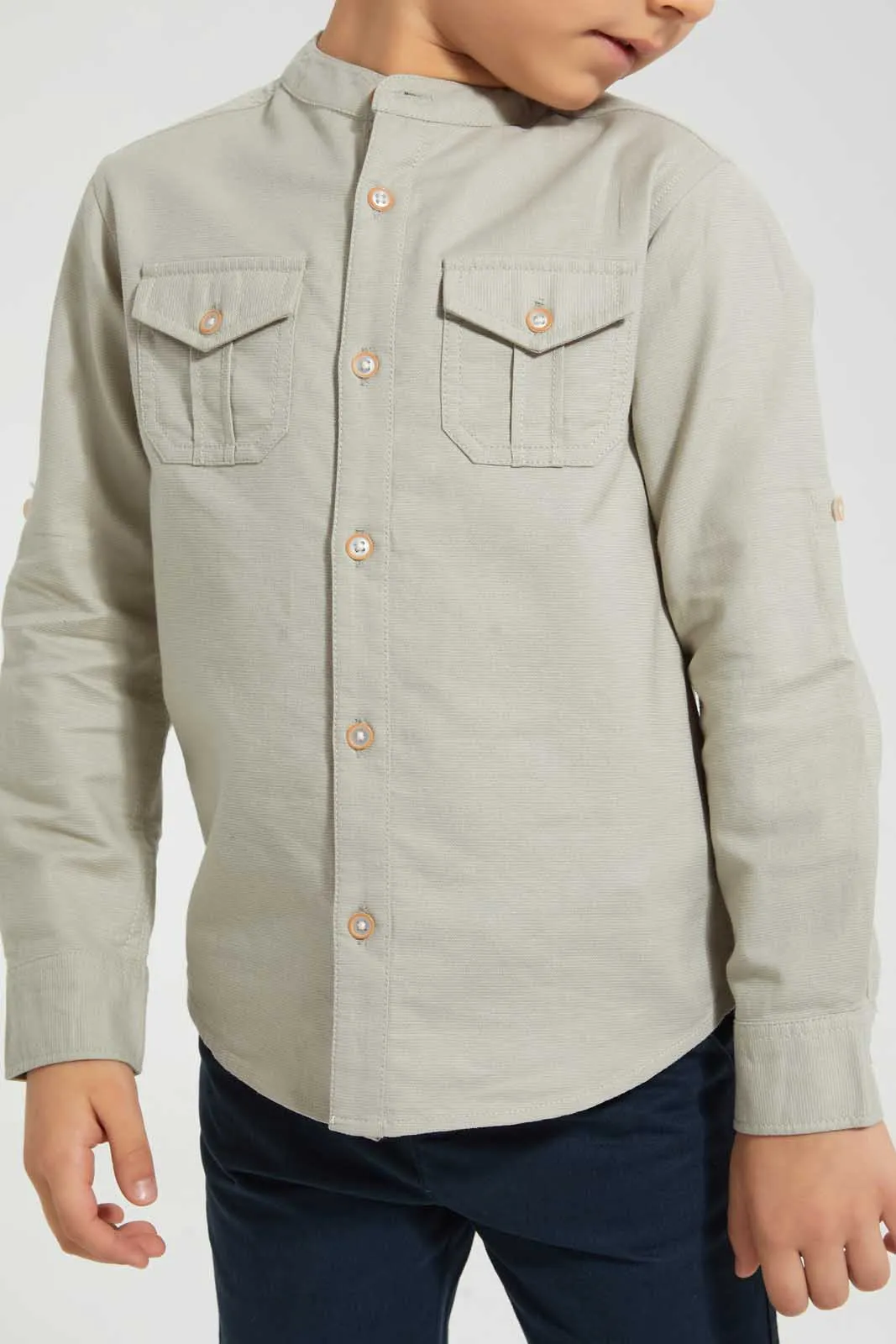 Beige Mandarin Casual Shirt With Two Pockets