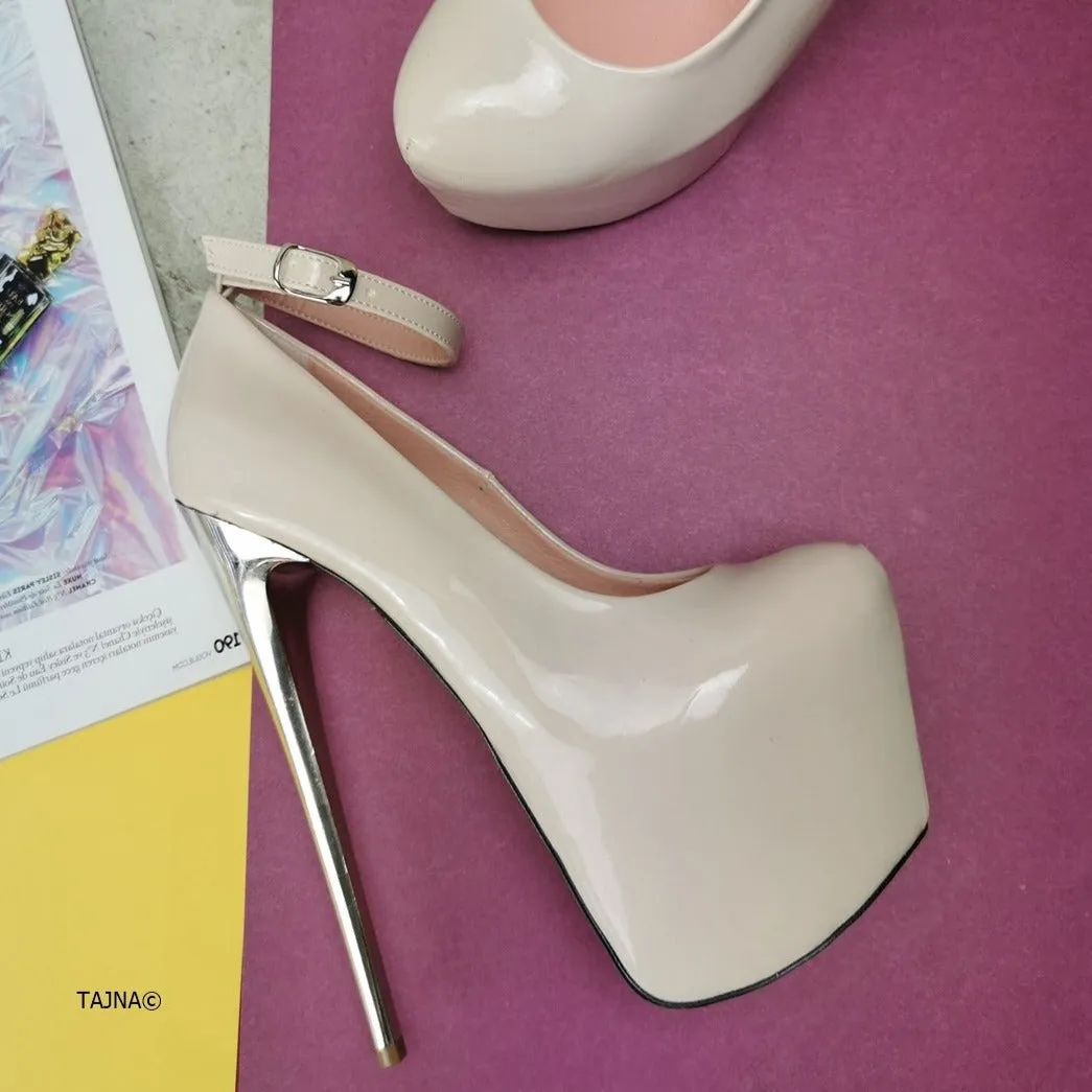 Beige Patent Metallic Heel Pumps