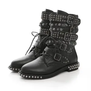 Biker Genuine Leather Womens Boots / Round Toe Autumn/Winter Motorcycle Rivet Ankle Boots in Black