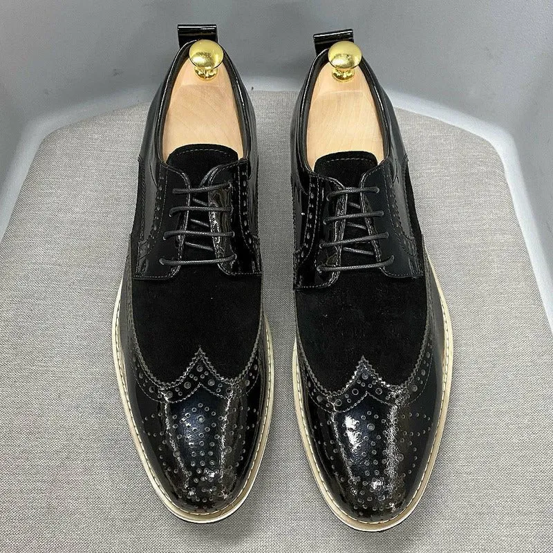 Black Suede & Patent Cowhide Leather Lace-Up Brogues for Men