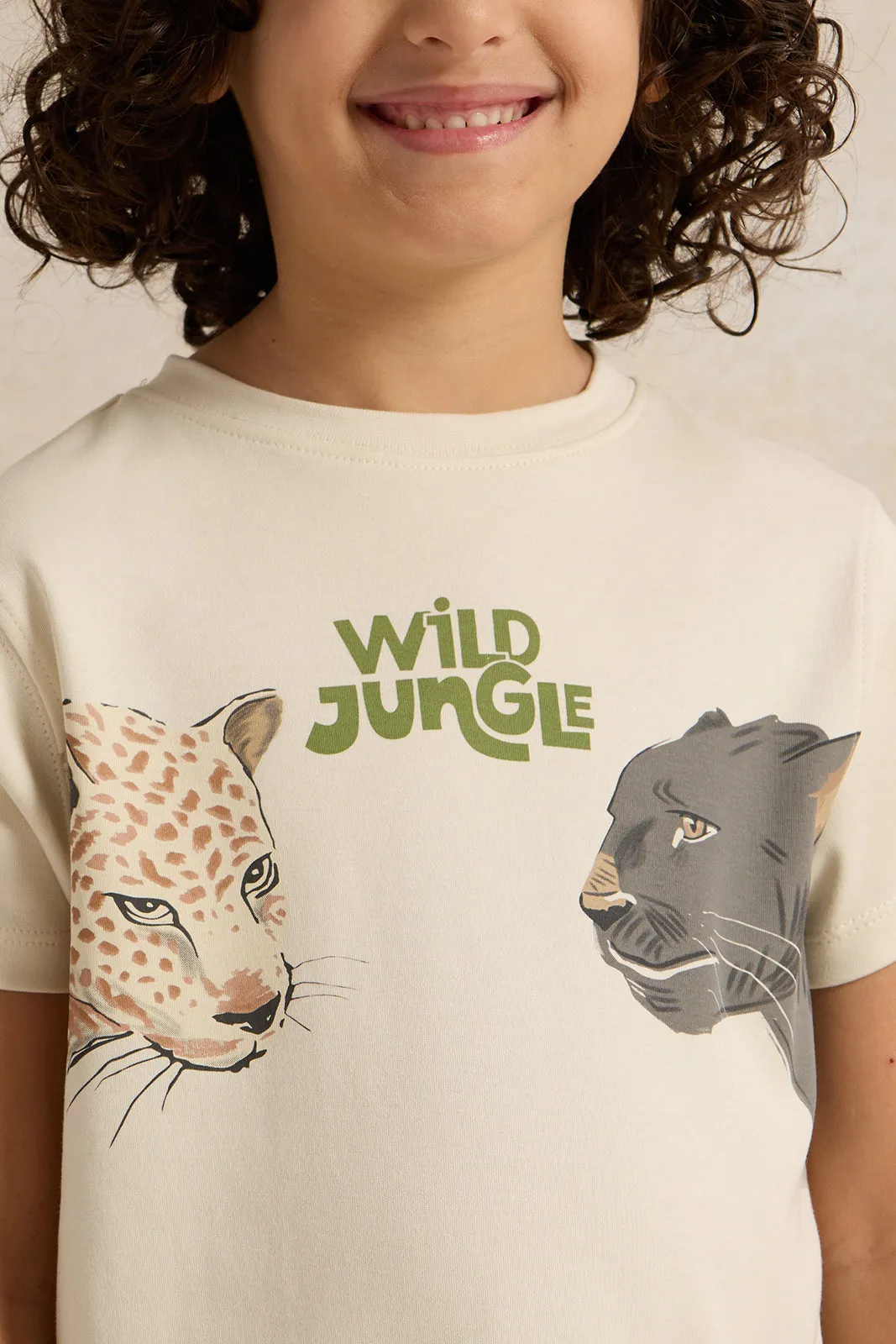 Boys Beige Digital Printed T-Shirt