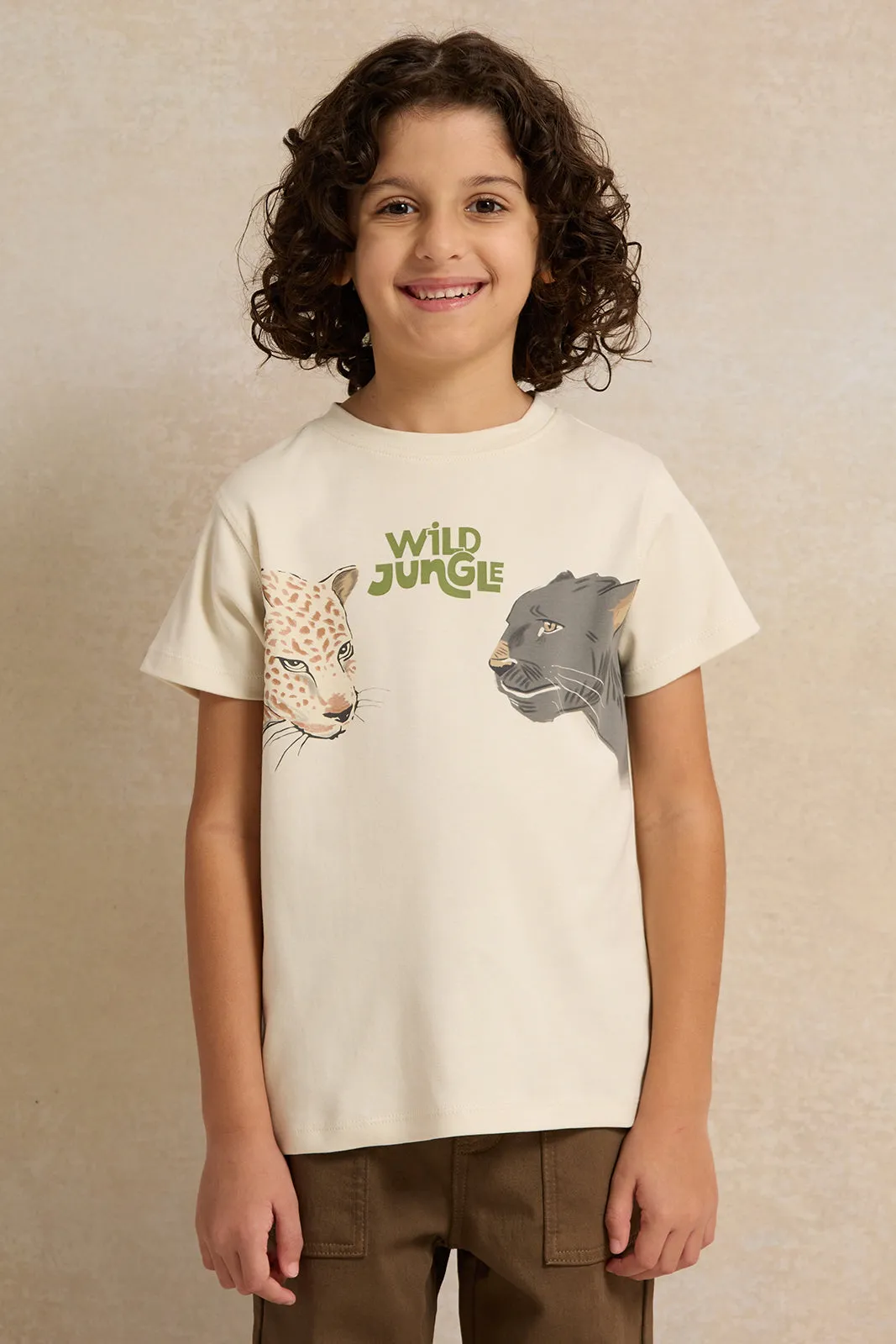 Boys Beige Digital Printed T-Shirt