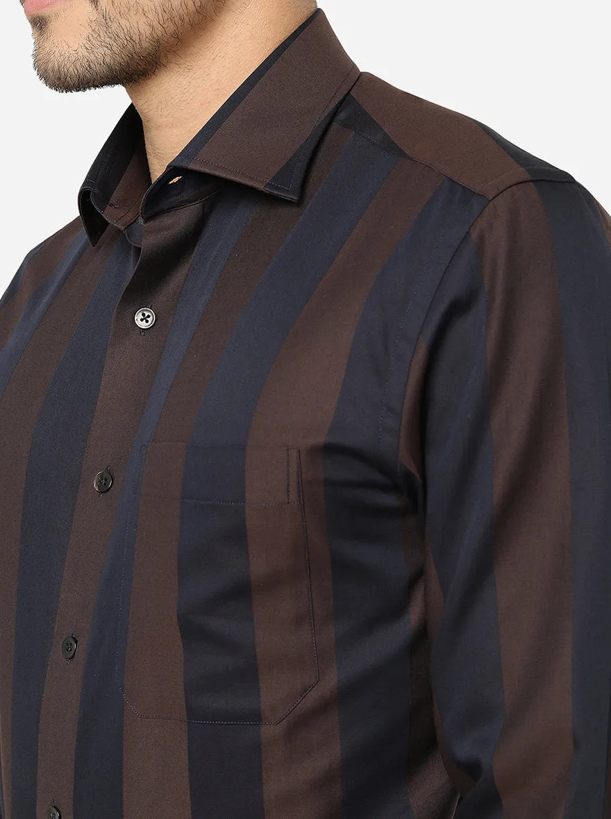 Brown & Navy Striped Slim Fit Formal Shirt | Metal