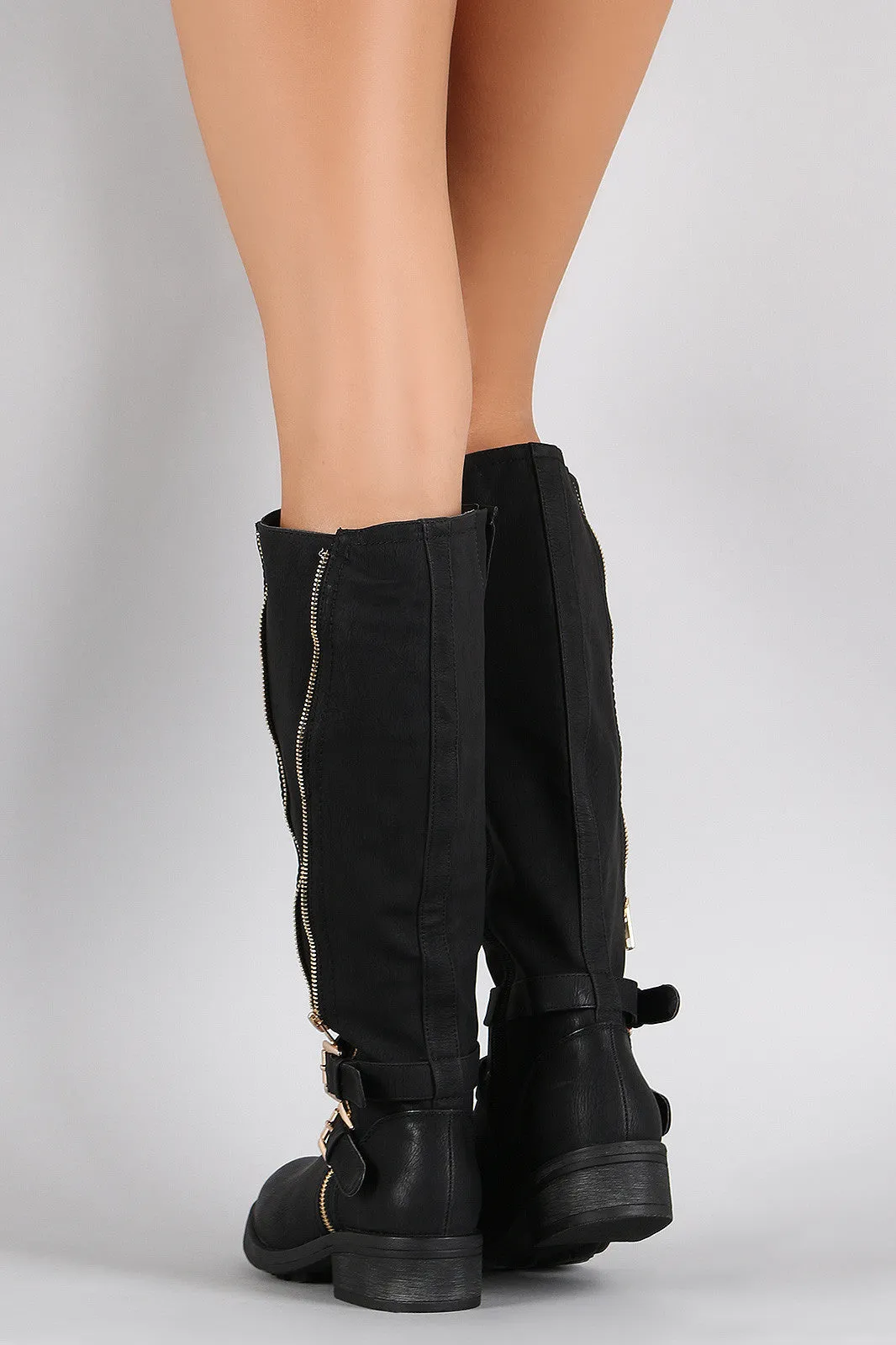 Buckle Zipper Round Toe Riding Knee High Boot