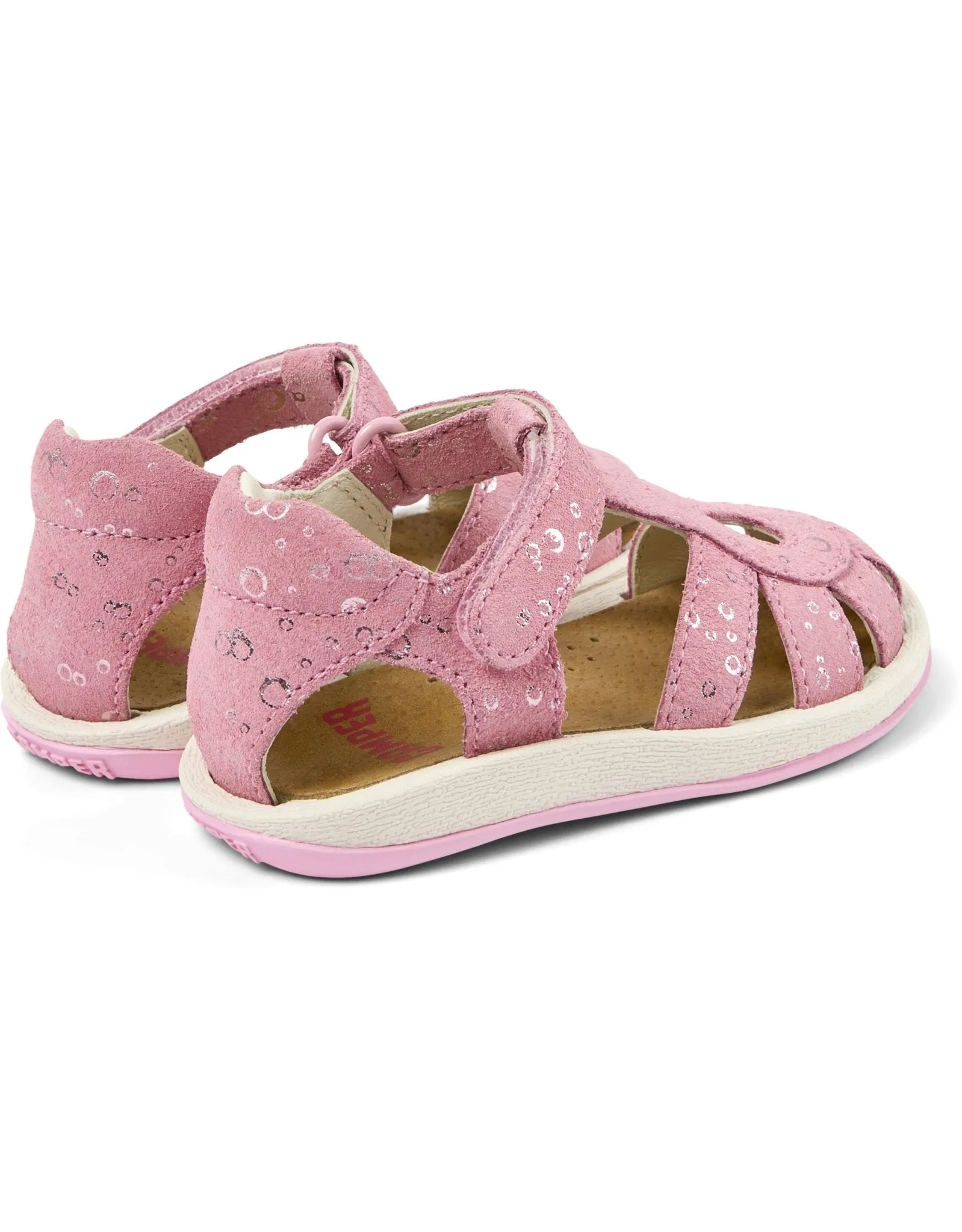 Camper: Bicho Girls Velcro Closed Toe Sandals - Metallic Pink Leather