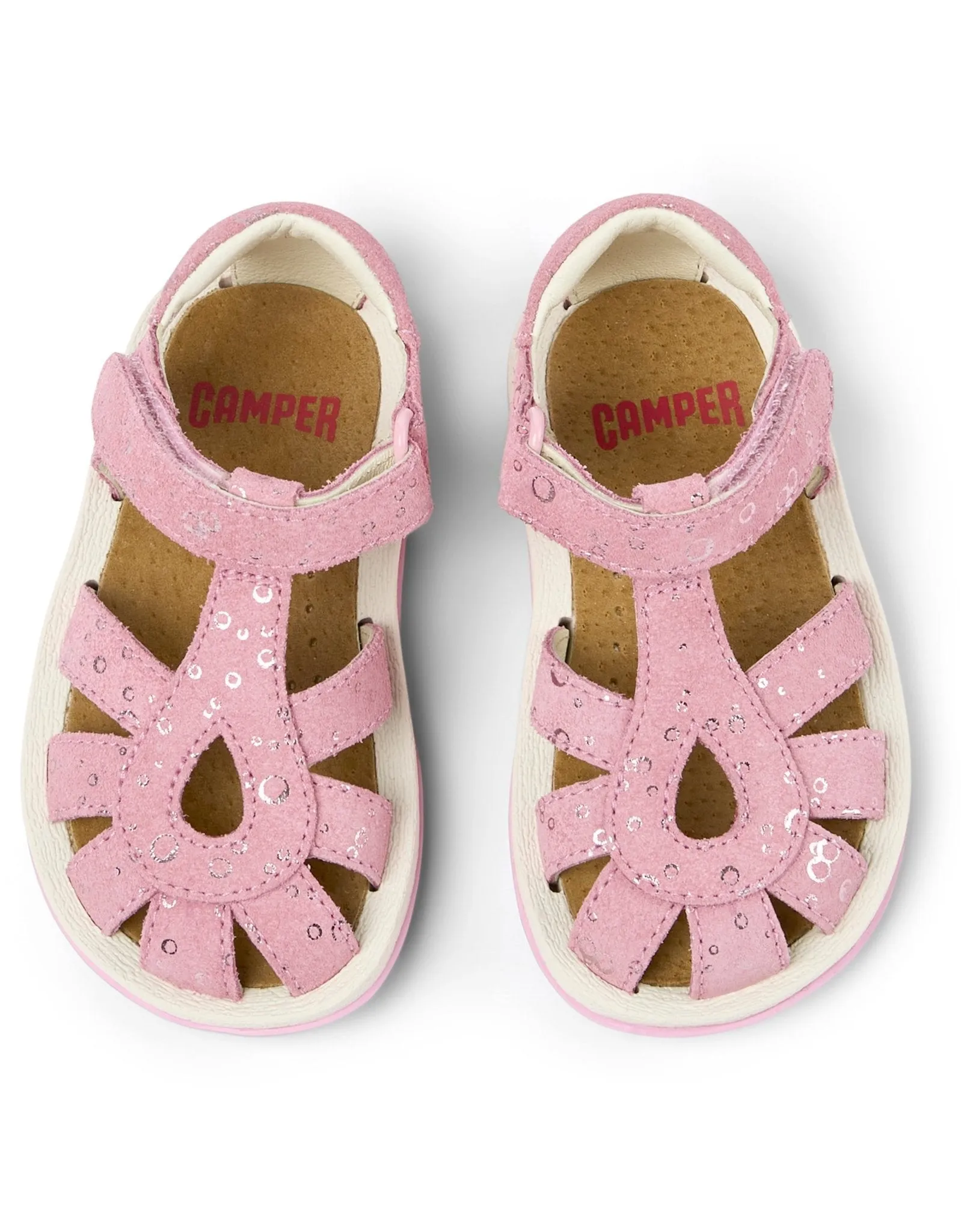 Camper: Bicho Girls Velcro Closed Toe Sandals - Metallic Pink Leather