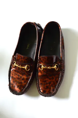 COLE HANN Brown Tortoiseshell patent leather Loafers gold Horsebit Authentic Shoes Women's size 38 Italy