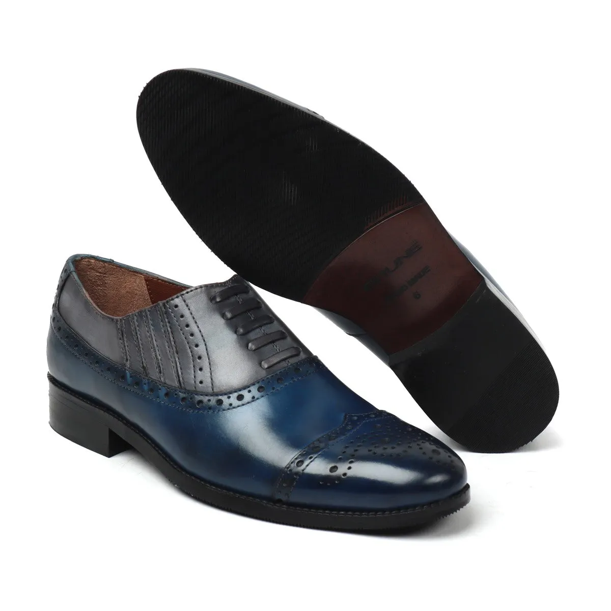 Dual Tone Grey Blue Lazy Man Stylish Wingtip Punching Brogues with Fixed Lace Oxfords by Brune & Bareskin