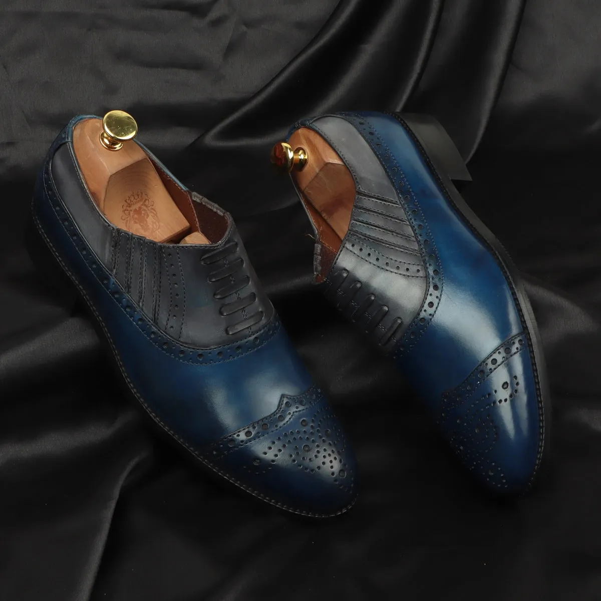 Dual Tone Grey Blue Lazy Man Stylish Wingtip Punching Brogues with Fixed Lace Oxfords by Brune & Bareskin