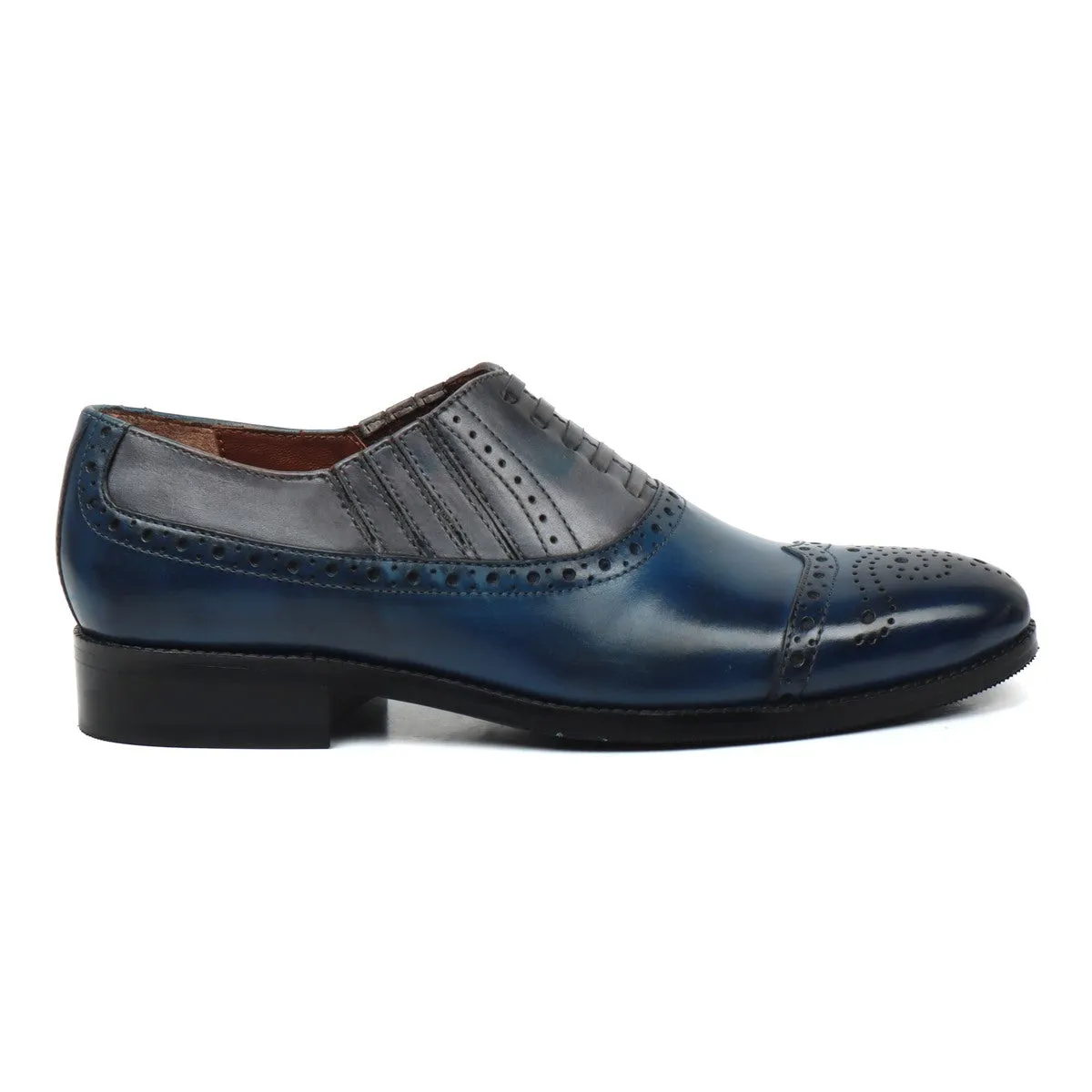 Dual Tone Grey Blue Lazy Man Stylish Wingtip Punching Brogues with Fixed Lace Oxfords by Brune & Bareskin