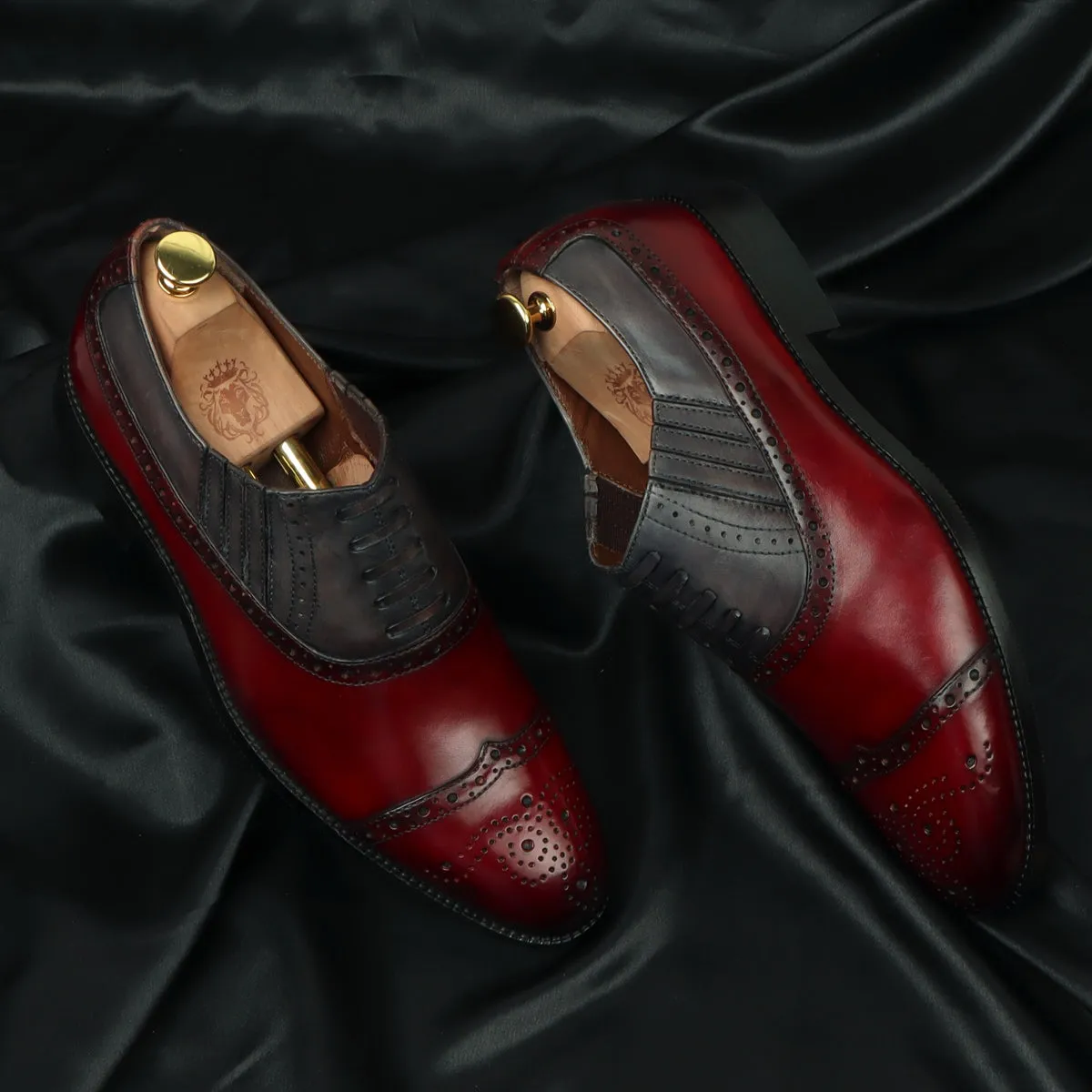 Dual Tone Grey Red Lazy Man Stylish Wingtip Punching Brogues with Fixed Lace Oxfords by Brune & Bareskin