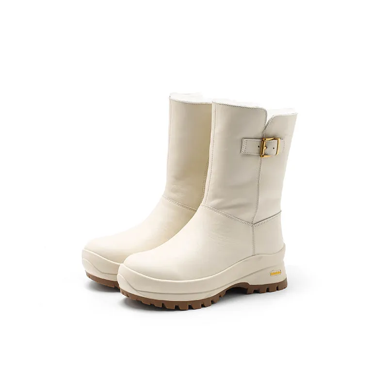 Dwarves Leather Mid Calf Snow Boots Shearling Lined with Buckle in Black/Apricot/Beige