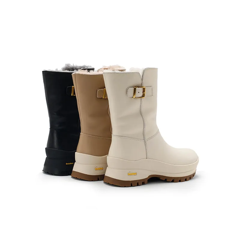 Dwarves Leather Mid Calf Snow Boots Shearling Lined with Buckle in Black/Apricot/Beige