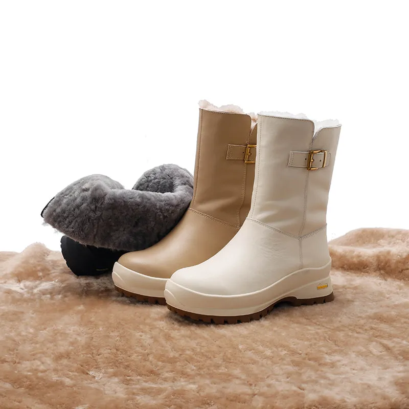 Dwarves Leather Mid Calf Snow Boots Shearling Lined with Buckle in Black/Apricot/Beige