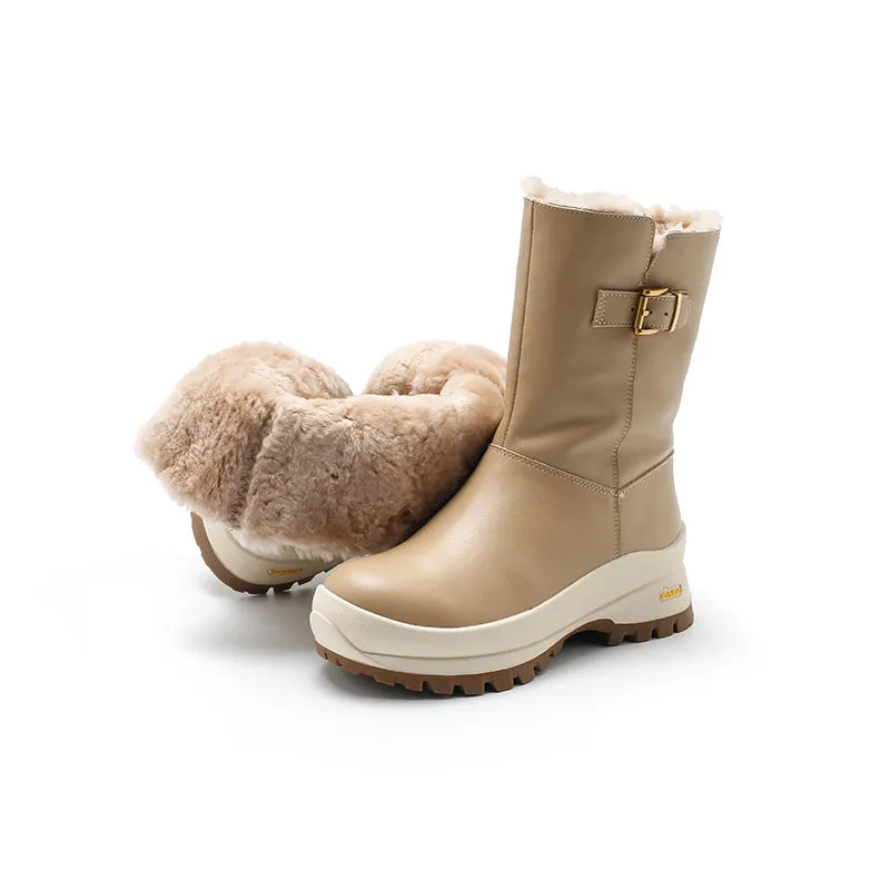 Dwarves Leather Mid Calf Snow Boots Shearling Lined with Buckle in Black/Apricot/Beige