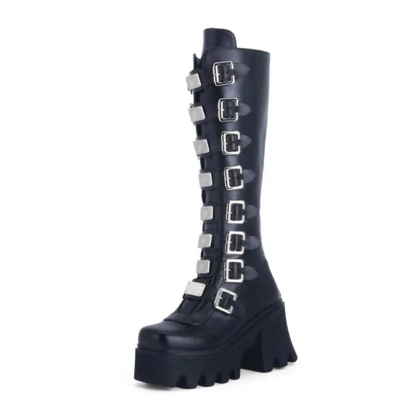 Fashion Women's Zipper High Boots with Buckles / Sexy Female Thick Platform Long Boots