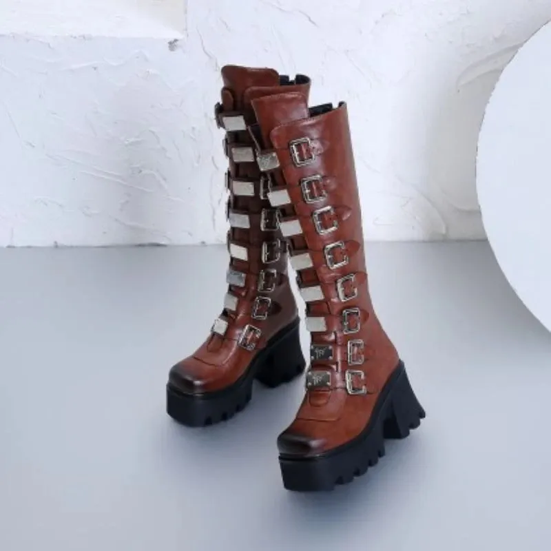 Fashion Women's Zipper High Boots with Buckles / Sexy Female Thick Platform Long Boots