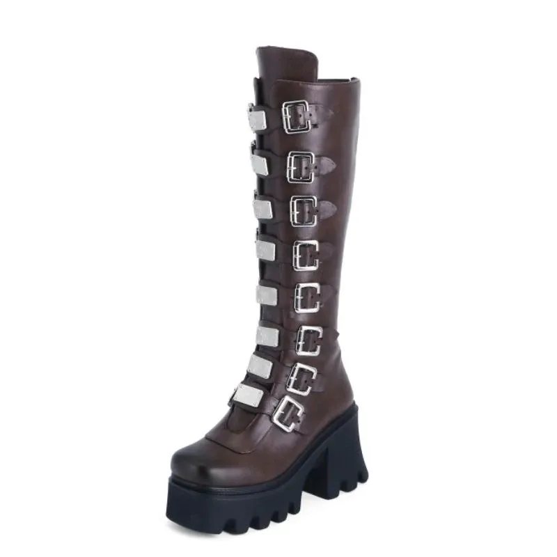 Fashion Women's Zipper High Boots with Buckles / Sexy Female Thick Platform Long Boots