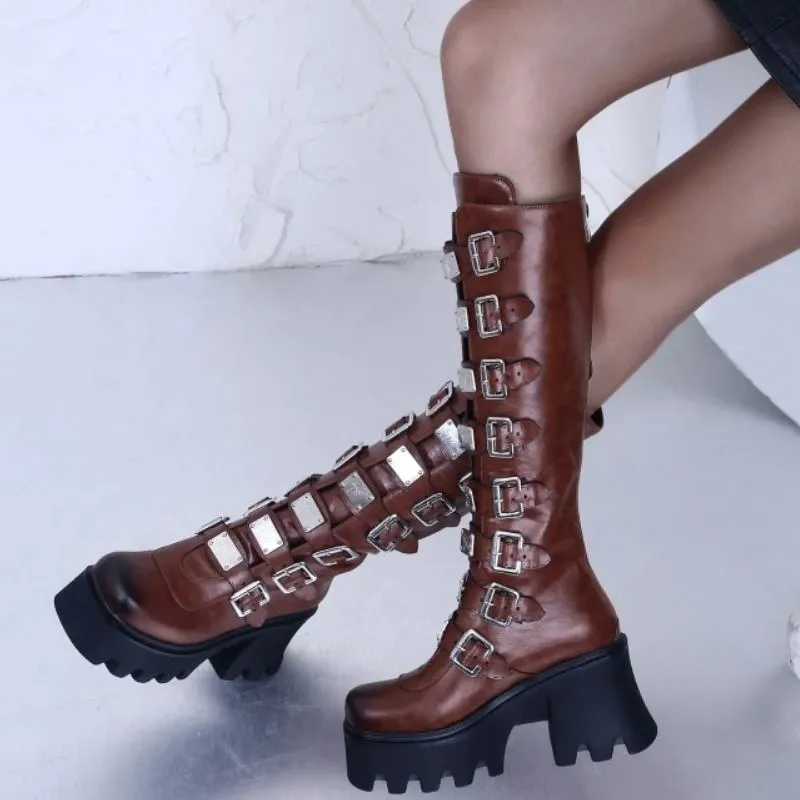 Fashion Women's Zipper High Boots with Buckles / Sexy Female Thick Platform Long Boots