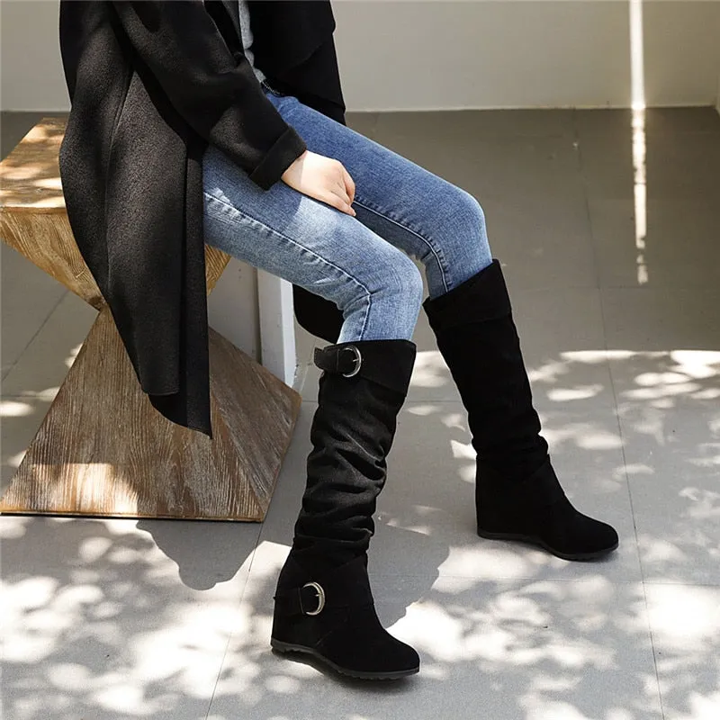 Funki Buys | Boots | Women's Mid-Calf Suede High Wedge Boot