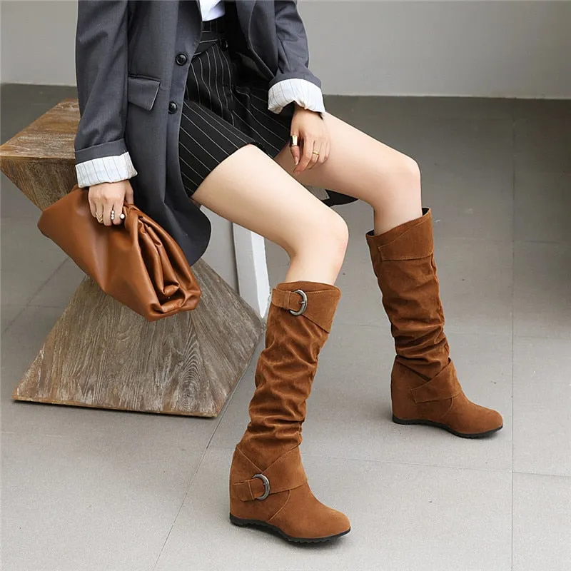 Funki Buys | Boots | Women's Mid-Calf Suede High Wedge Boot