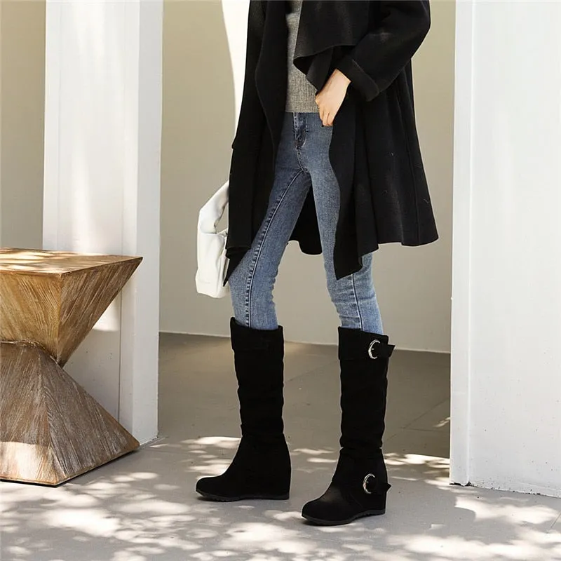 Funki Buys | Boots | Women's Mid-Calf Suede High Wedge Boot