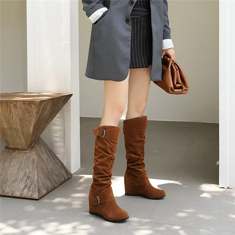 Funki Buys | Boots | Women's Mid-Calf Suede High Wedge Boot