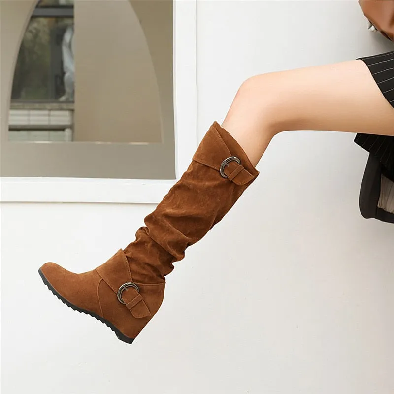 Funki Buys | Boots | Women's Mid-Calf Suede High Wedge Boot