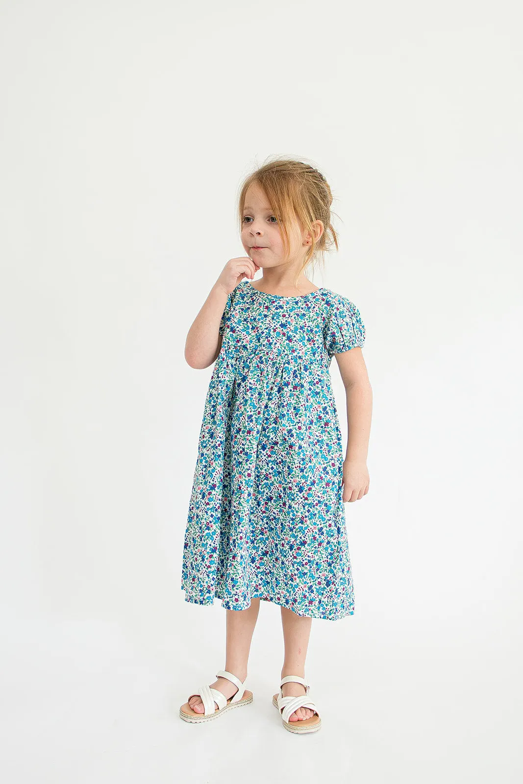 Girl’s Blue Ditsy Floral Puff Sleeve Dress with Cut Out