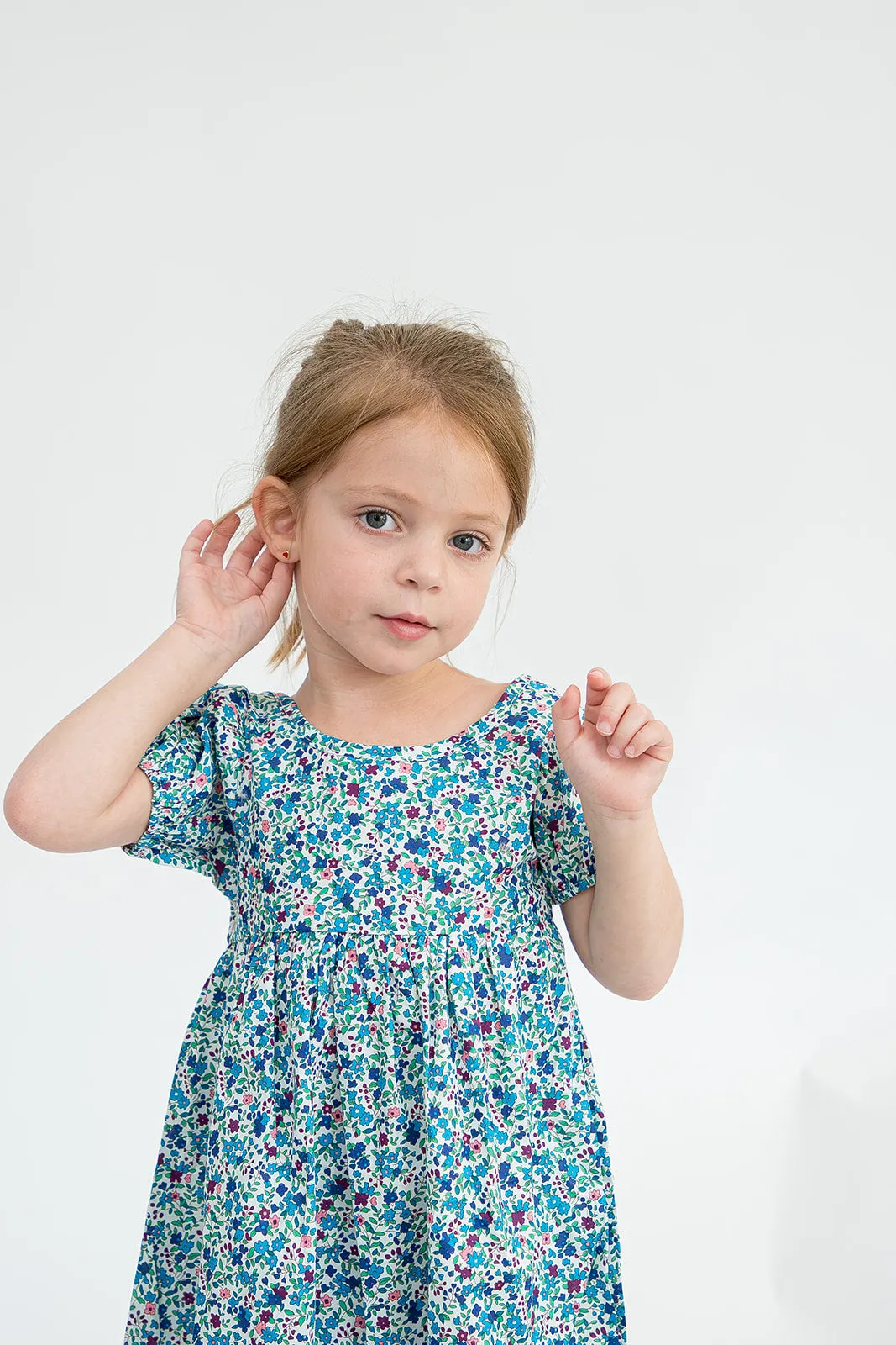 Girl’s Blue Ditsy Floral Puff Sleeve Dress with Cut Out