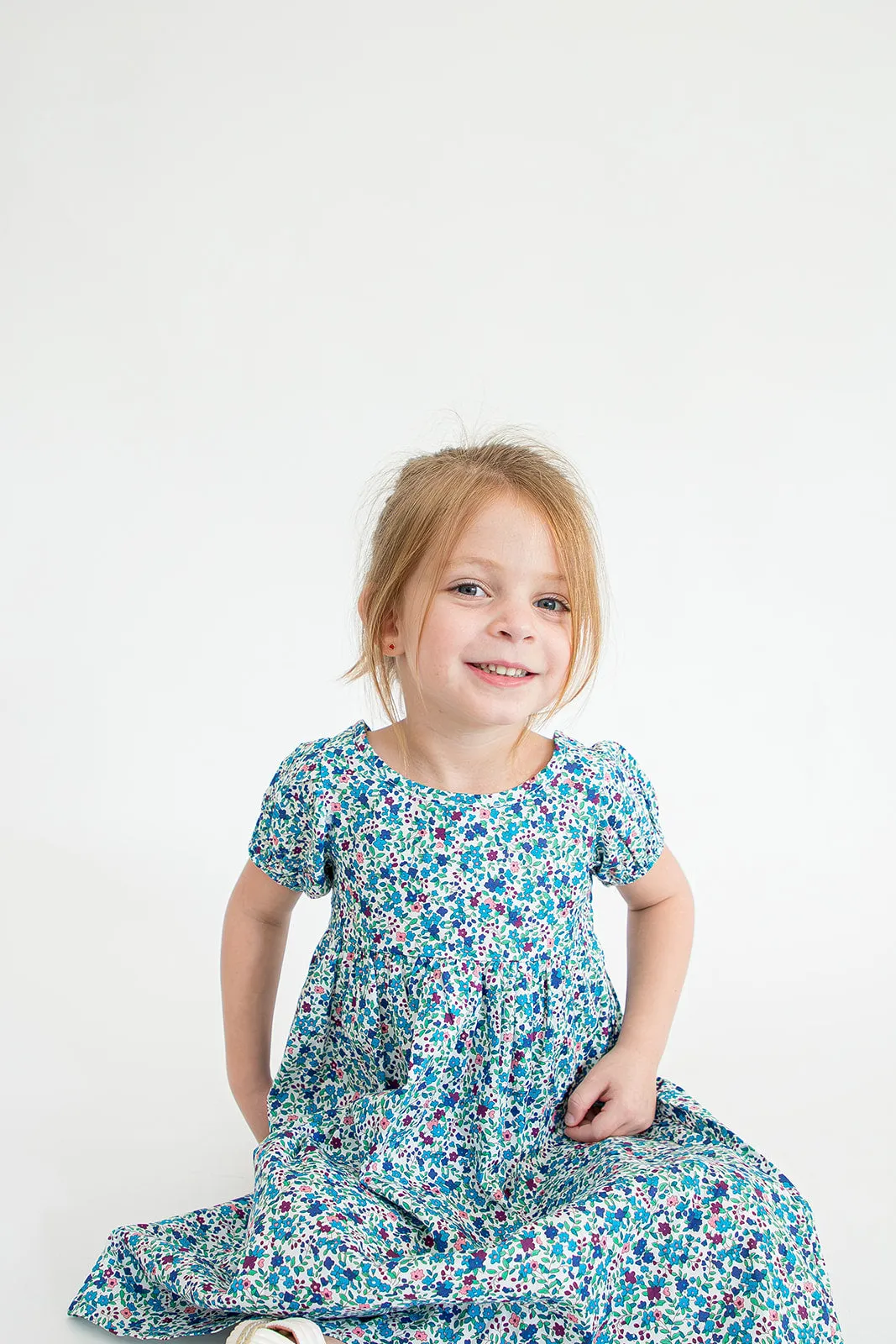 Girl’s Blue Ditsy Floral Puff Sleeve Dress with Cut Out