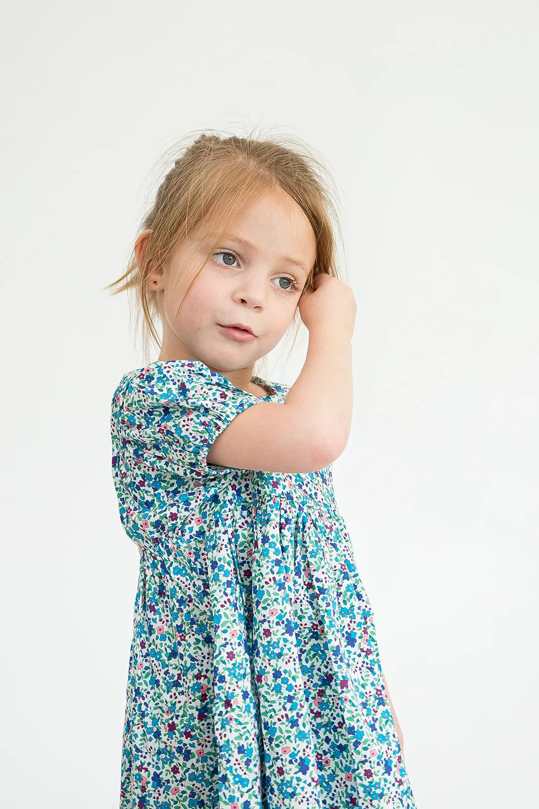 Girl’s Blue Ditsy Floral Puff Sleeve Dress with Cut Out