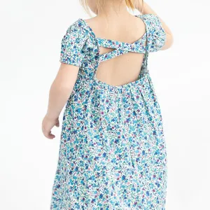 Girl’s Blue Ditsy Floral Puff Sleeve Dress with Cut Out