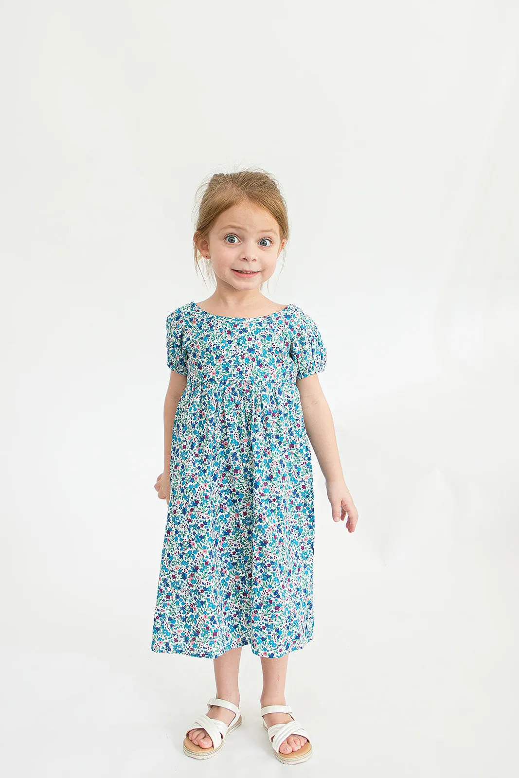 Girl’s Blue Ditsy Floral Puff Sleeve Dress with Cut Out