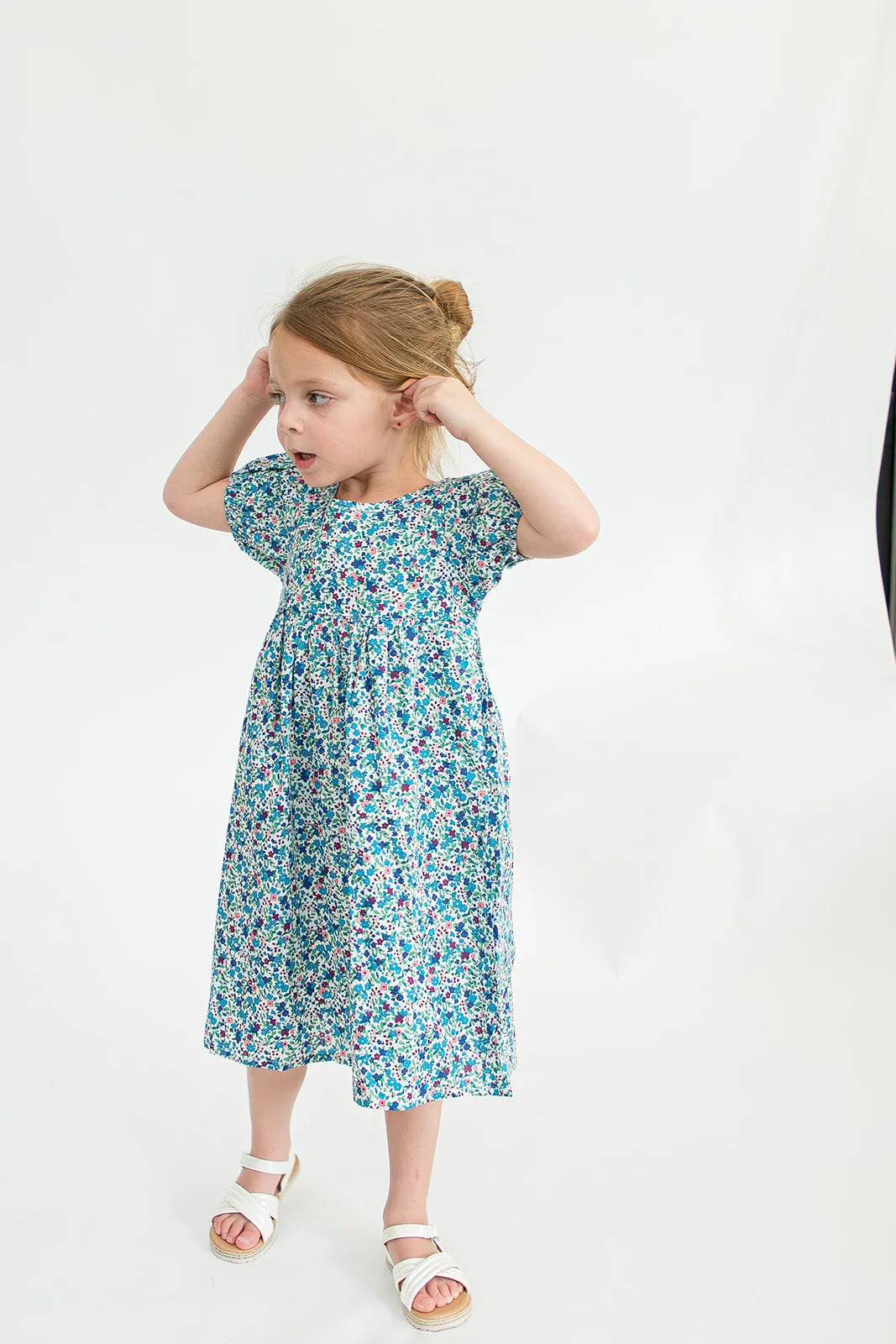 Girl’s Blue Ditsy Floral Puff Sleeve Dress with Cut Out