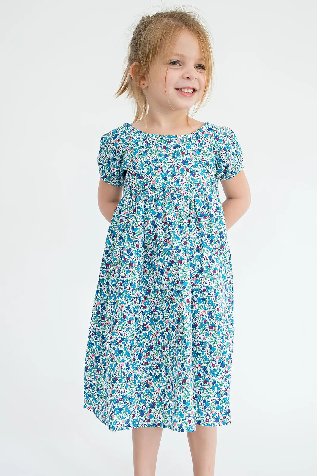 Girl’s Blue Ditsy Floral Puff Sleeve Dress with Cut Out