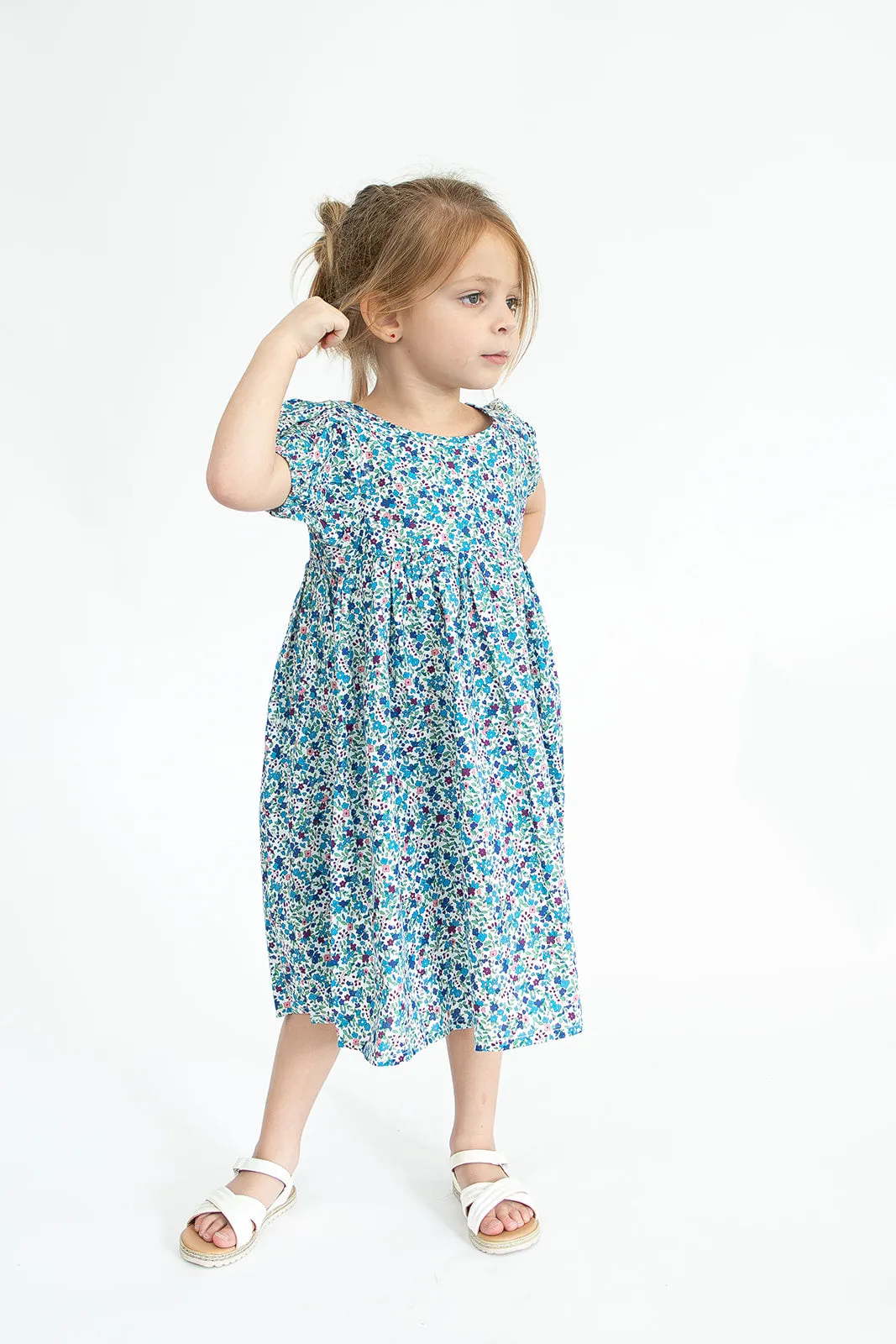 Girl’s Blue Ditsy Floral Puff Sleeve Dress with Cut Out