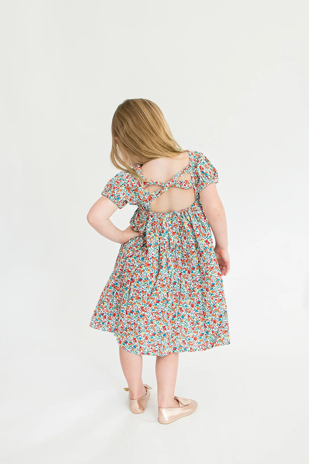 Girl’s Red Ditsy Floral Puff Sleeve Dress with Cut Out