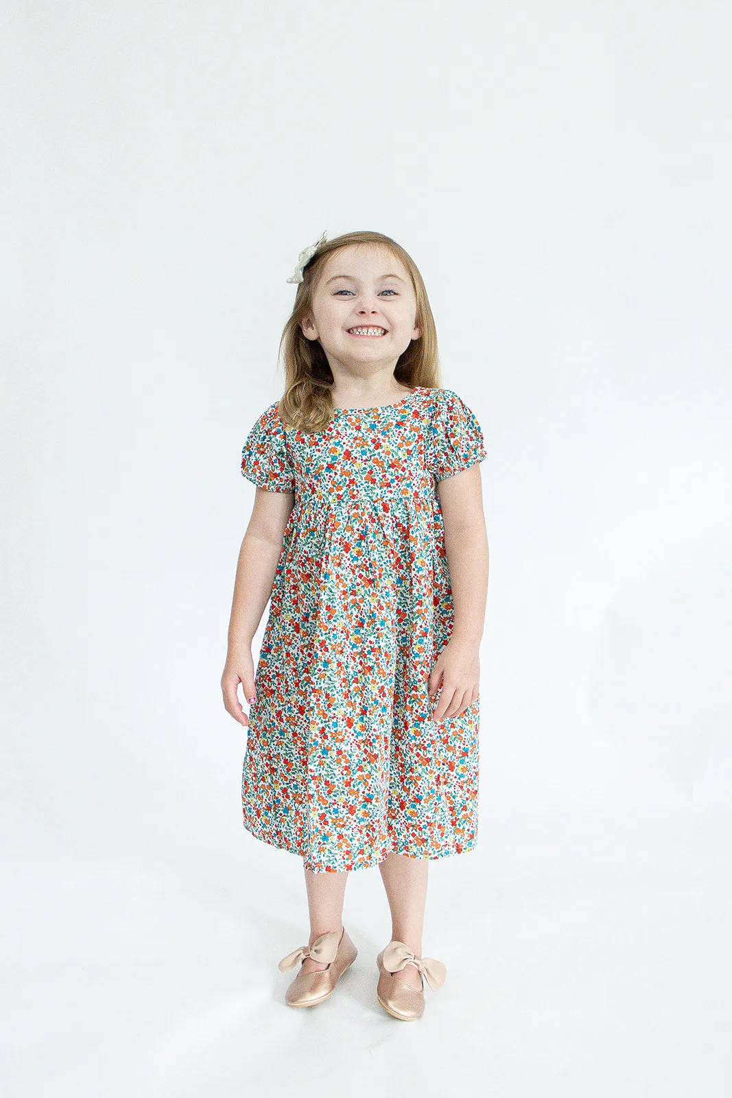 Girl’s Red Ditsy Floral Puff Sleeve Dress with Cut Out